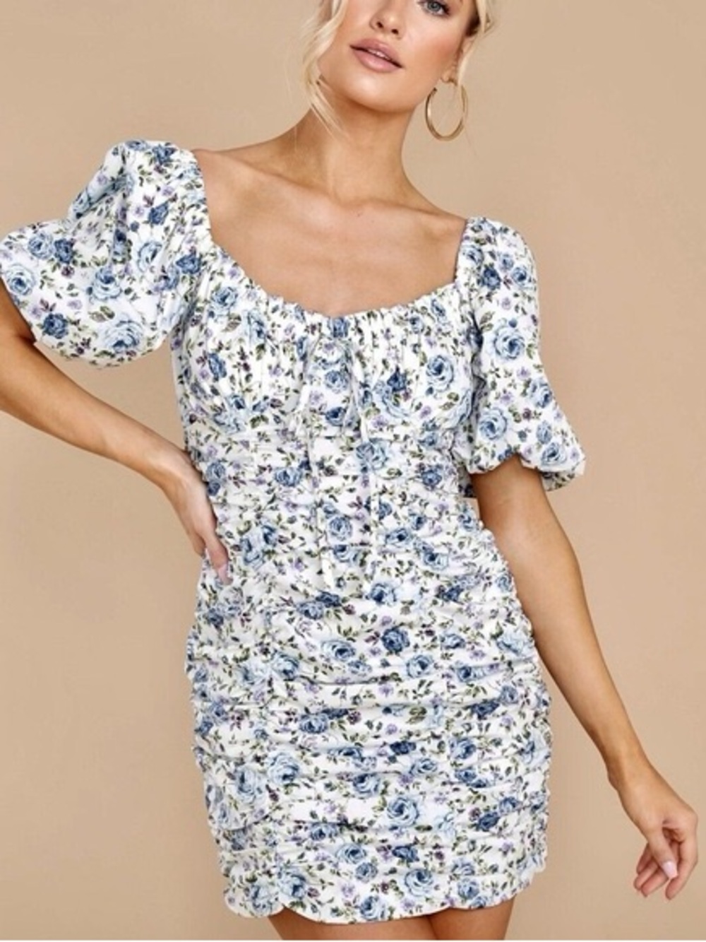 Mable Milkmaid Floral Boho Mini Dress Sz S Bodycon Ruched Puff Sleeve Coquette